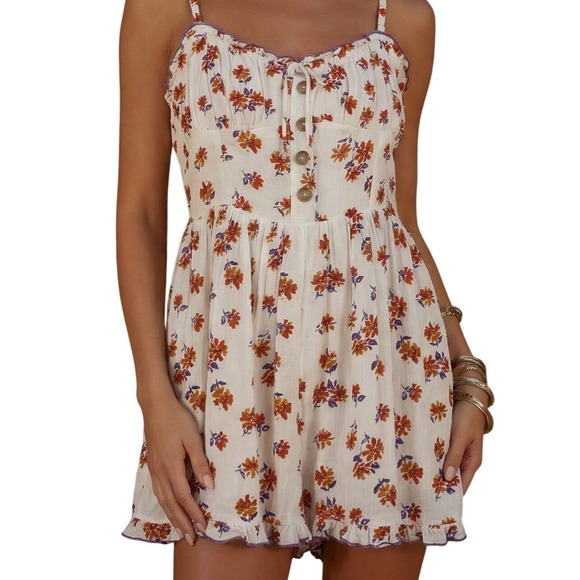 Urban Outfitters Pants - Urban Outfitters Floral Romper Womens Medium White Orange Excellent Linen Blend